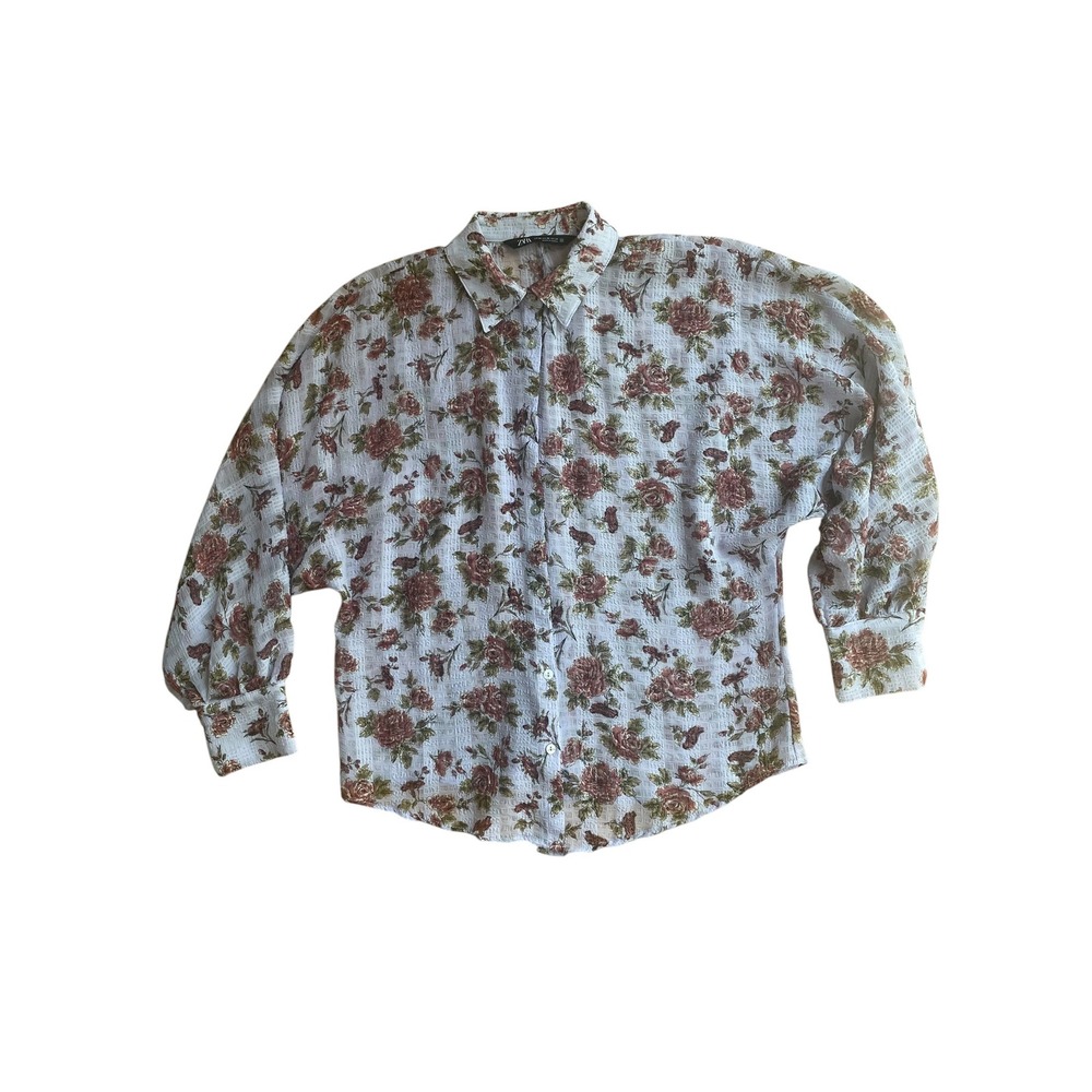 Zara Womens Floral Button Down Shirt  Rose Print Seersucker XS Lavender